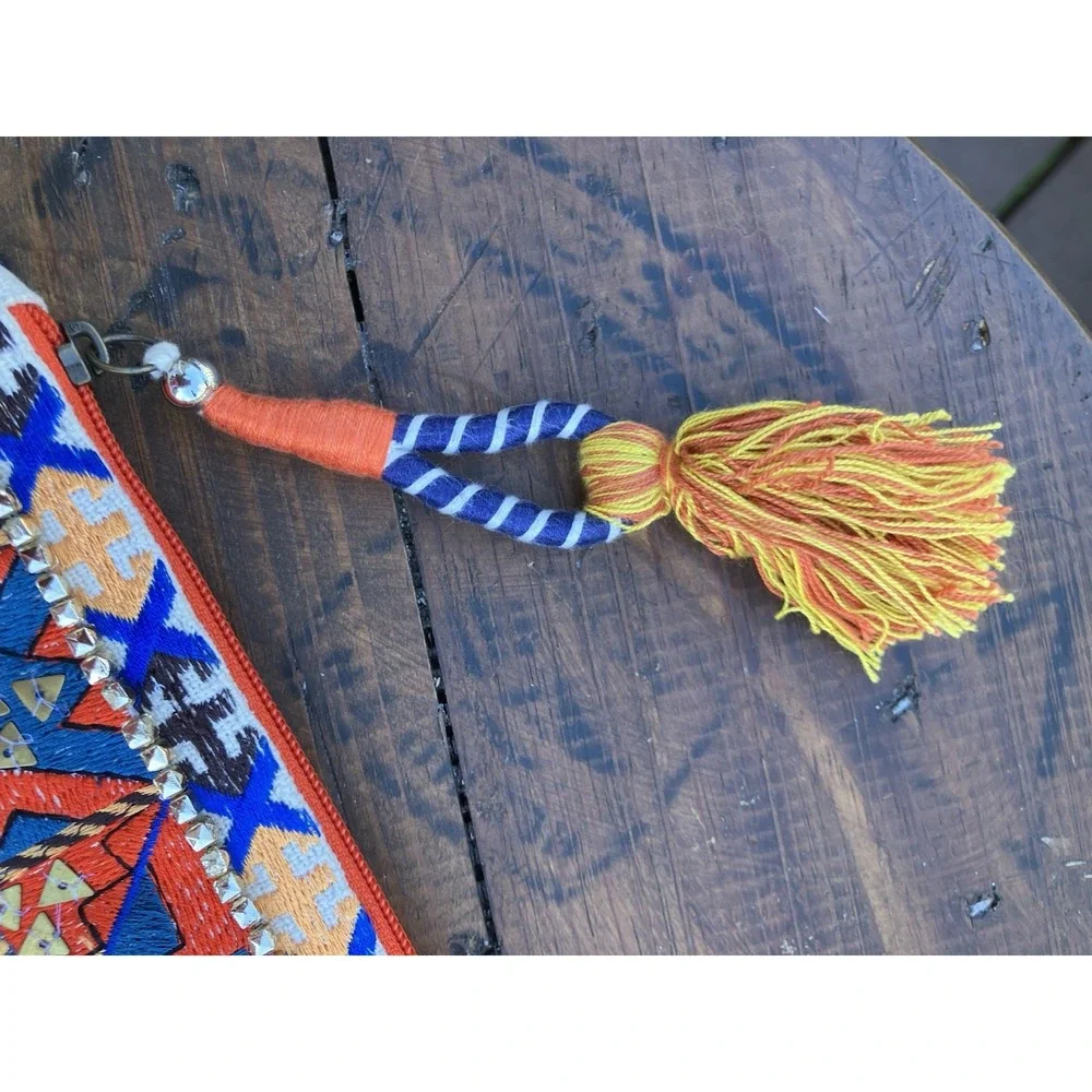 Steven Boho Embroidered Clutch Tribal Geometric Tassel Zip Pouch Bag Purse